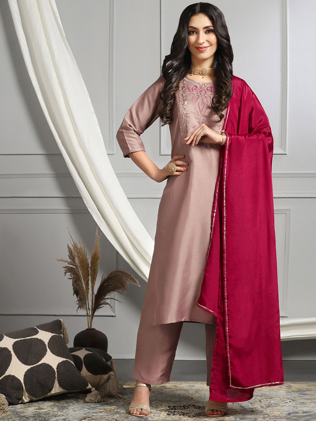 

FASHION DREAM Yoke Design Embroidered Sequined Kurta With Trousers & Dupatta, Rose gold