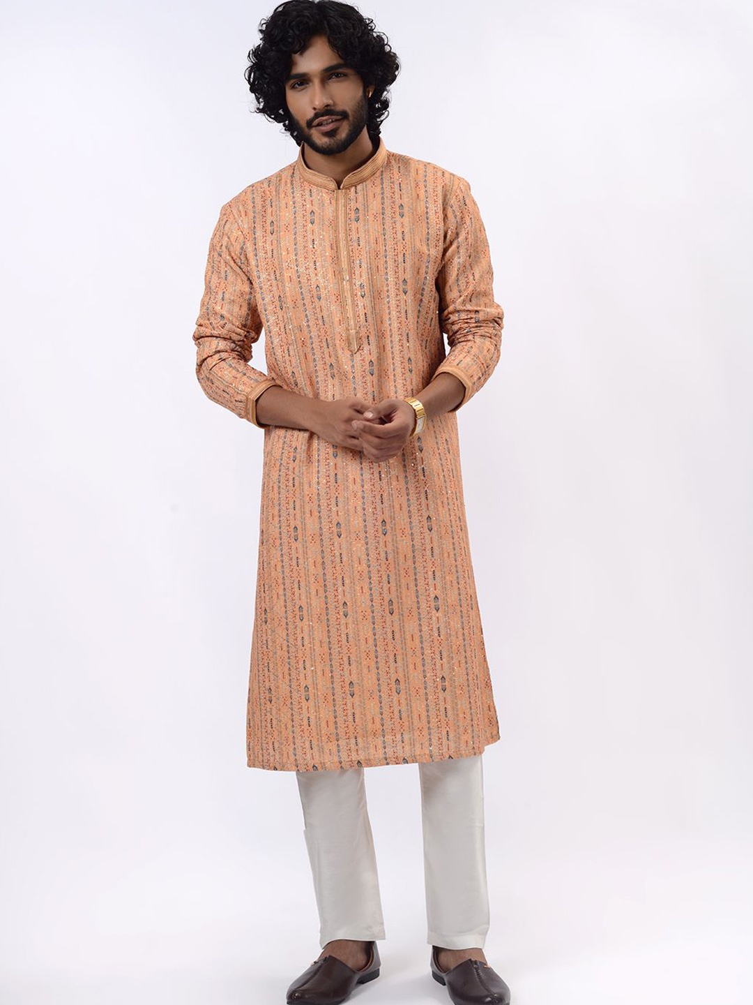 

azania Geometric Printed & Embroidered Thread Work Straight Kurta with Pyjamas, Yellow