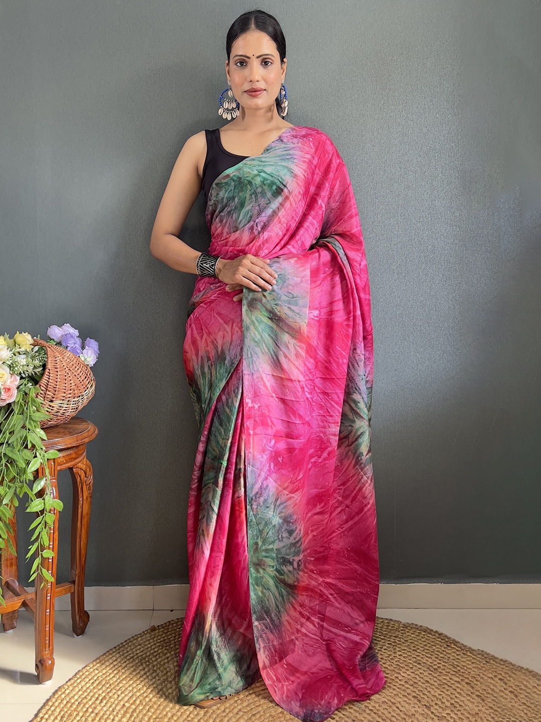 

V3 FASHION STUDIO Womens Pure Chiffon Ready to Wear Jamdani Saree, Pink