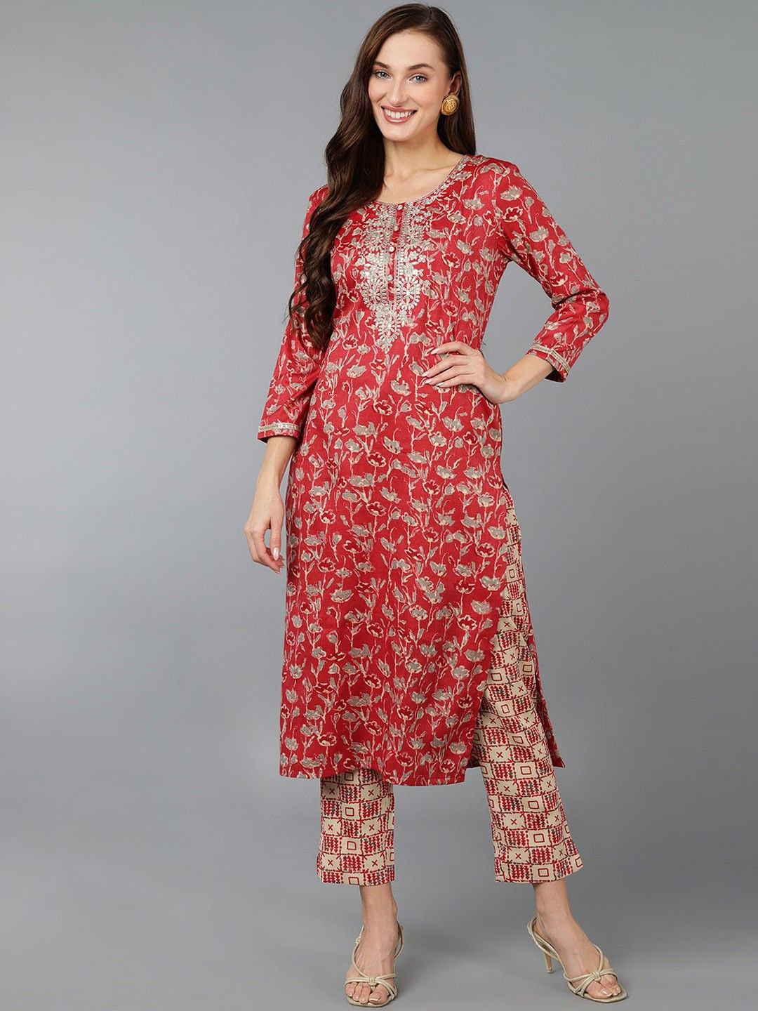 

KALINI Round Neck Floral Printed Zari Work Straight Kurta, Red