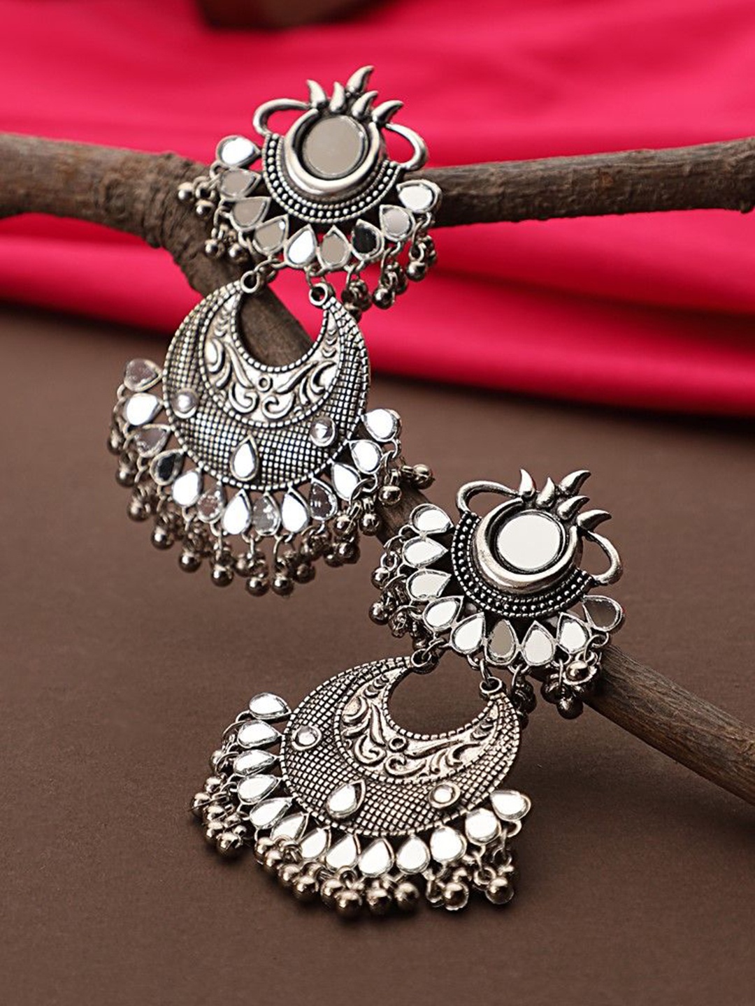 

CARDINAL Contemporary Srone Studded Oxidised Chandbalis, Silver