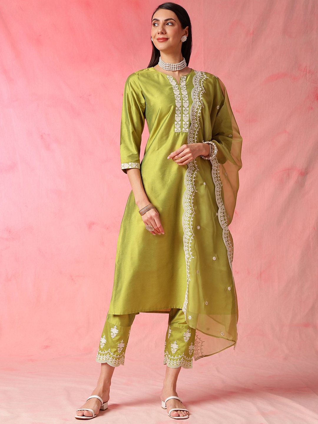 

Anouk Floral Embroidered Regular Thread Work Straight Kurta with Trousers & Dupatta, Lime green