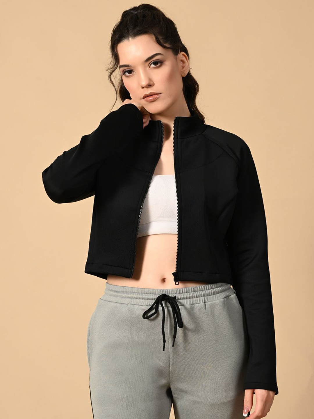 

PANDORNA Women Mock Collar Solid Casual Sporty Jacket, Black