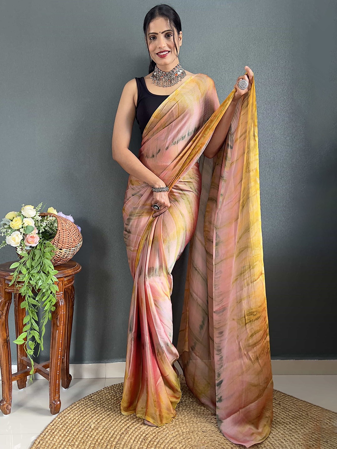 

V3 FASHION STUDIO Tie and Dye Pure Chiffon Ready to Wear Jamdani Saree, Brown