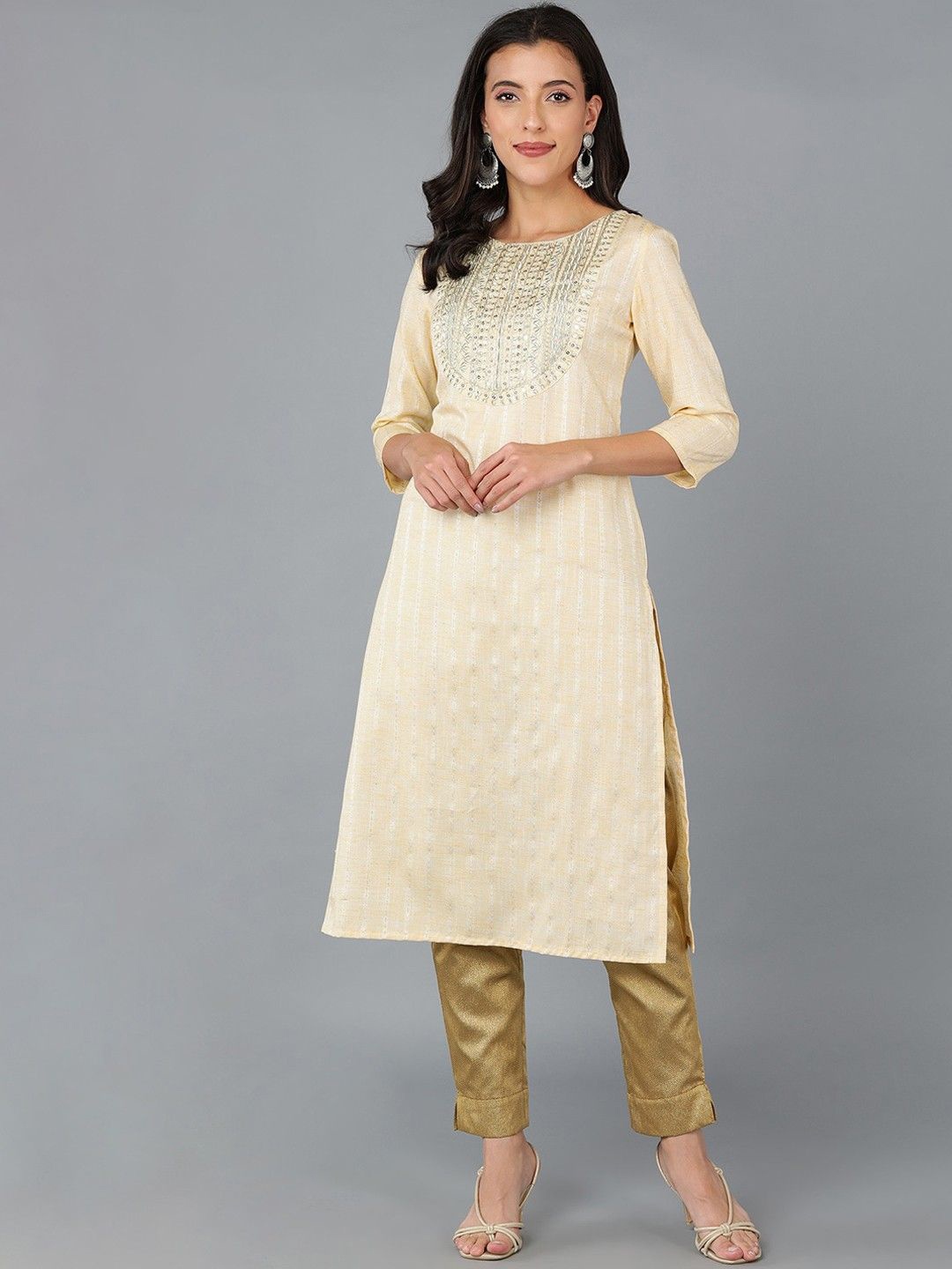 

AHIKA Striped Embroidered Sequinned Regular Cotton Straight Kurta, Yellow