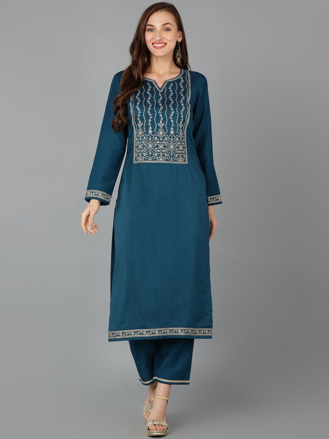 

AHIKA Floral Embroidered Straight Kurta, Teal