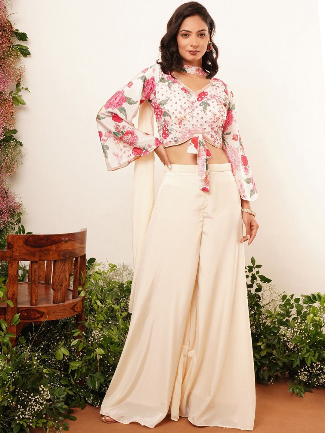 

AMOHA TRENDZ Embroidered Pure Silk Top & Palazzo With Shrug Co-Ords, Cream