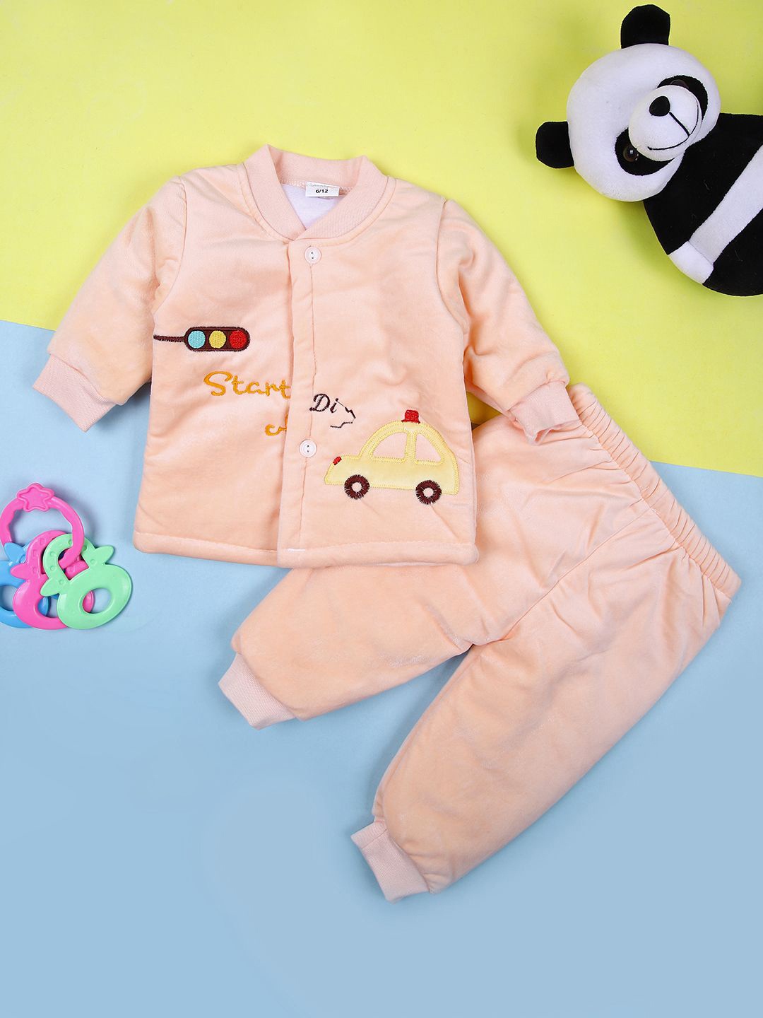 

V-Mart Kids Embroidered Mandarin Collar Long Sleeves Velvet Shirt With Jogger, Peach
