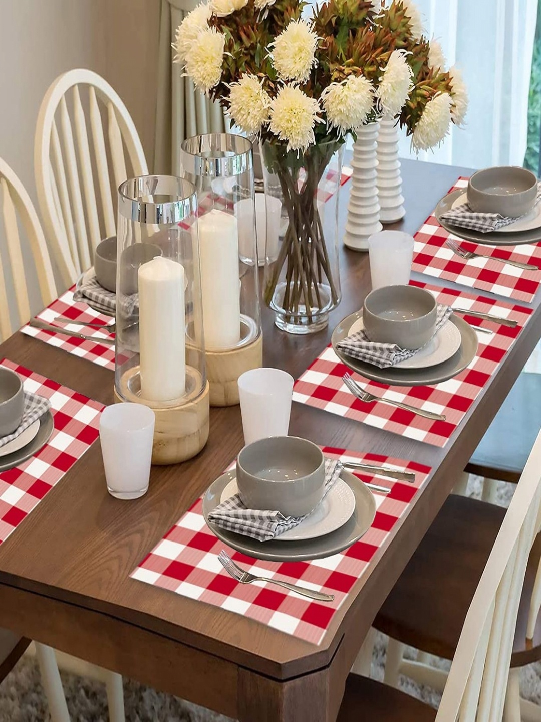 

Lushomes Red & White 6 Pieces Checked Pure Cotton Table Placemats