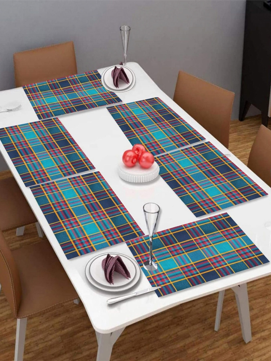 

Lushomes Blue 6 Pieces Checked Pure Cotton Table Placemats