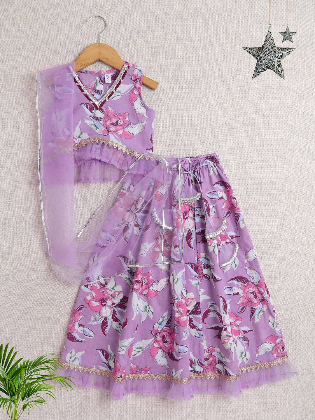 

The Magic Wand Girls Embellished Cotton Ready to Wear Lehenga & Blouse With Dupatta, Purple