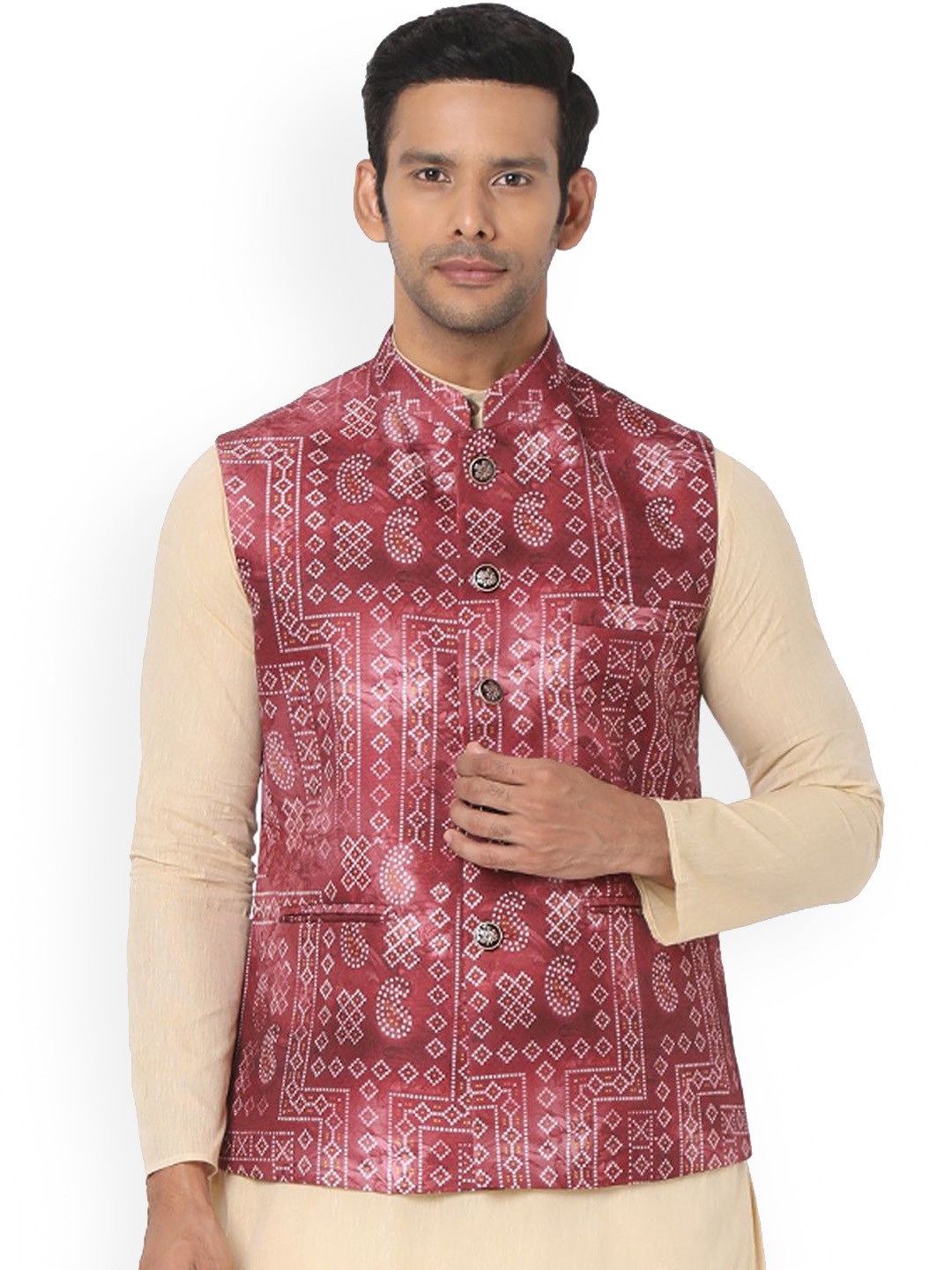 

SALWAR STUDIO Men Printed Woven Nehru Jacket, Maroon