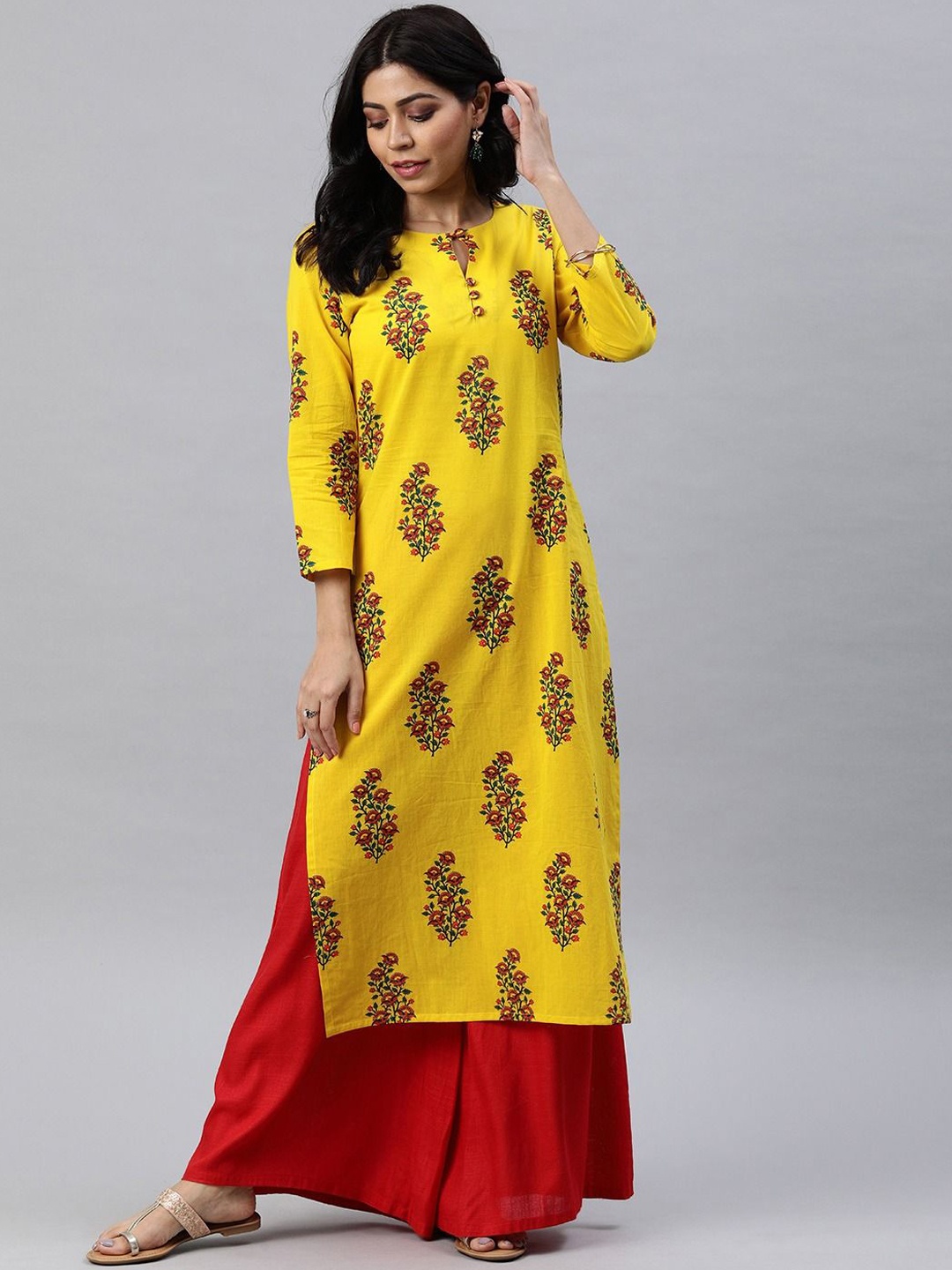 

KALINI Floral Printed Keyhole Neck Cotton Straight Kurta, Yellow