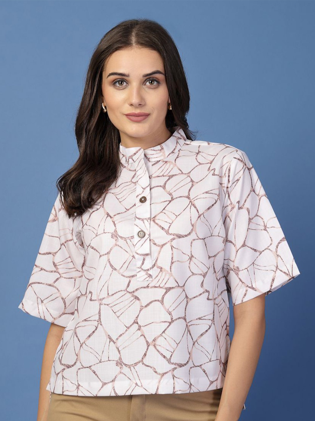 

Style Quotient Women Printed Mandarin Collar Cotton Top, White