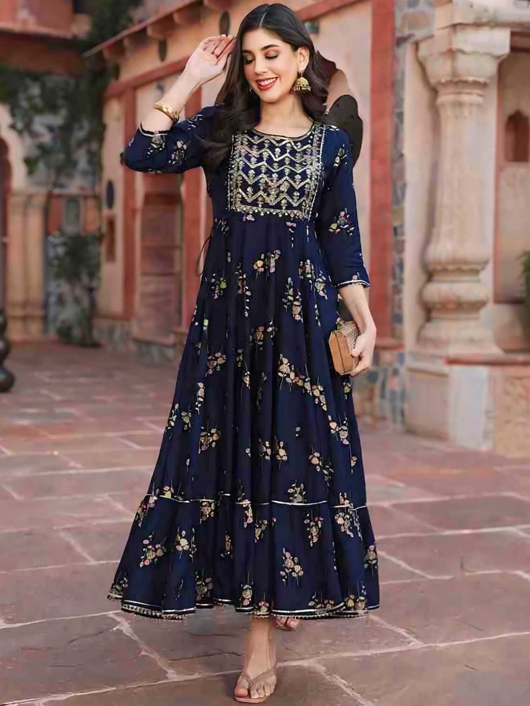 

VYKOO Round Neck Floral Printed Sequinned Anarkali Kurta, Blue