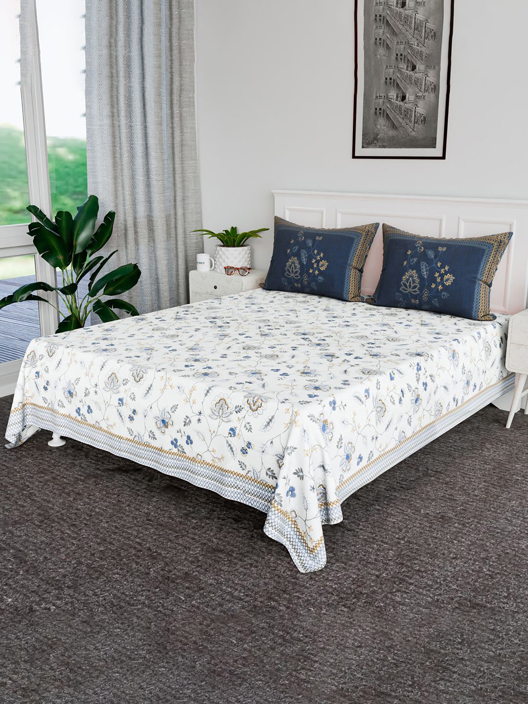 

Kuber Industries Blue & White 186 TC Cotton King Bedsheet with 2 Pillow Covers 2 x 2mt