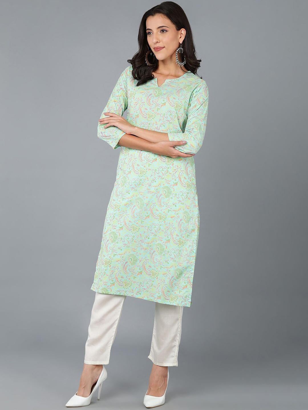 

AHIKA Sea Green Ethnic Motifs Printed Notch Neck Pure Cotton Straight Kurta