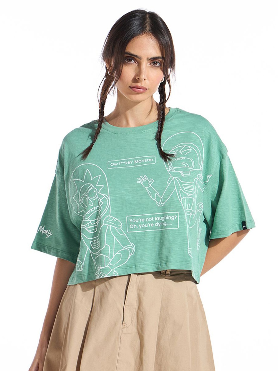 

Bewakoof AIR Women Printed Cotton Short Sleeves Boxy Crop Top, Green