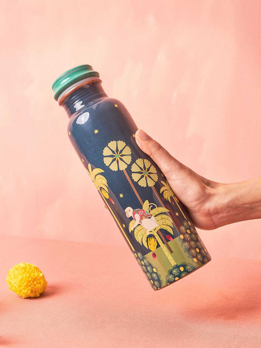 

Chumbak Starry Diwali Chandni Navy Blue & Green Copper Printed Water Bottle 900ml