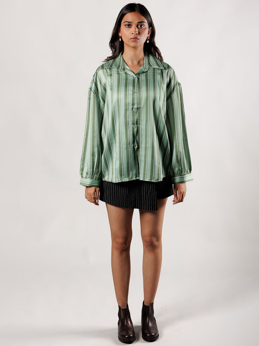 

Ostilos Women Striped Satin Shirt Style Longline Top, Green