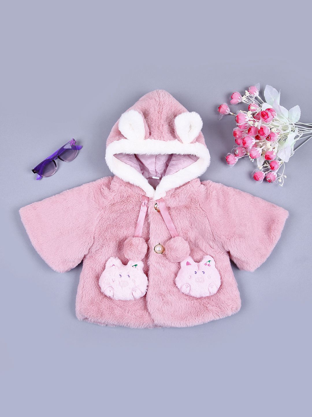 

V-Mart Girls Hooded Graphic Self Design Cotton Casual Parka Jacket, Pink