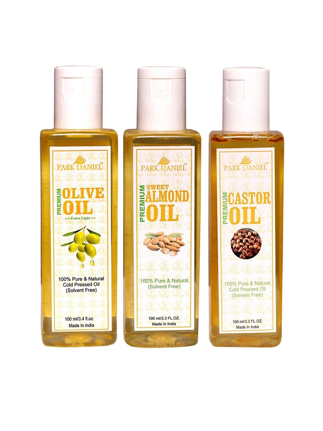 

Park Daniel Set Of 3 100% Pure & Natural Olive Sweet Almond Castor Oil - 100 ml Each, Transparent