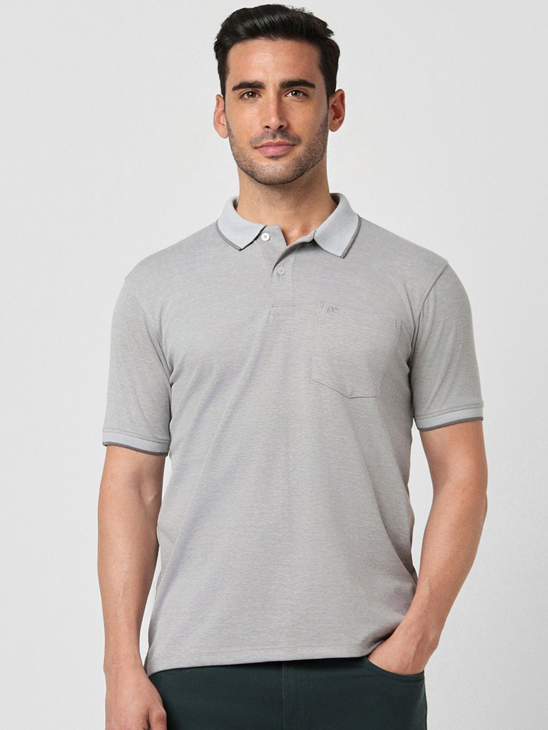 

Peter England Men Solid Polo Collar Cotton T-shirt, Grey