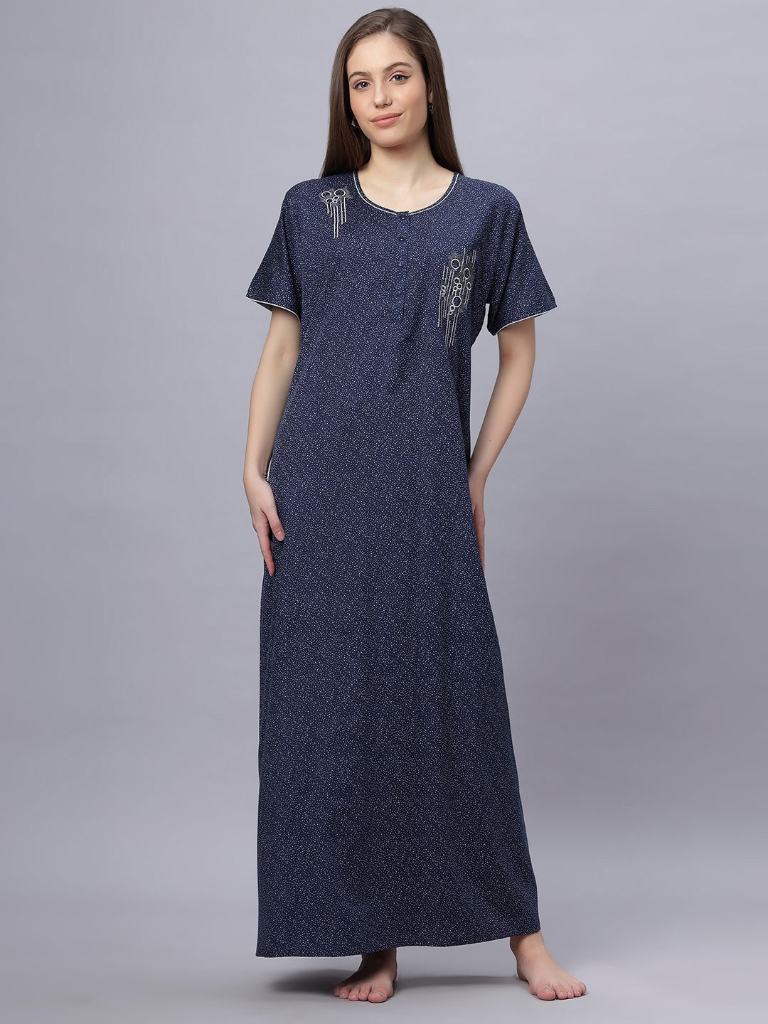 

QUIRA Women Round Neck Embroidered Maxi Nightdress, Navy blue