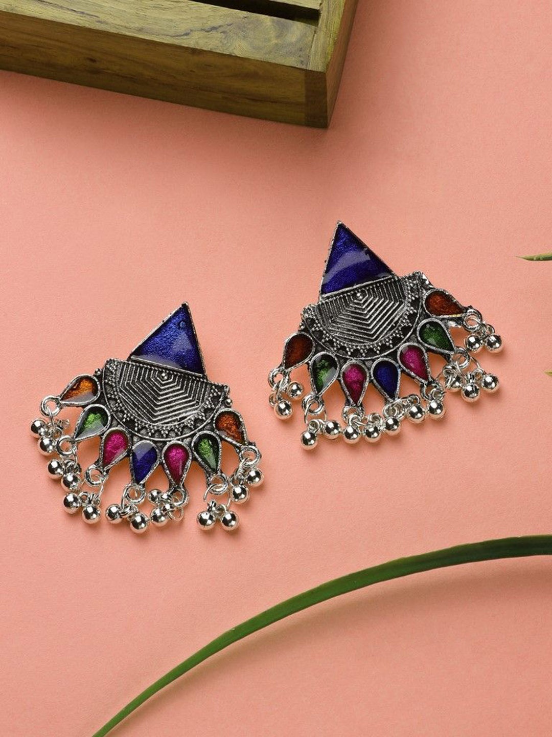 

CARDINAL Stone Studded Meenakari Oxidised Drop Earrings, Silver