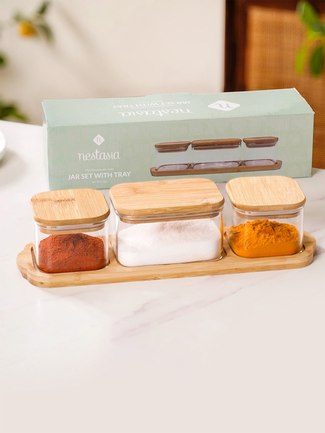 

Nestasia Transparent 3 Pieces Borosilicate Glass Snack Jars With Tray