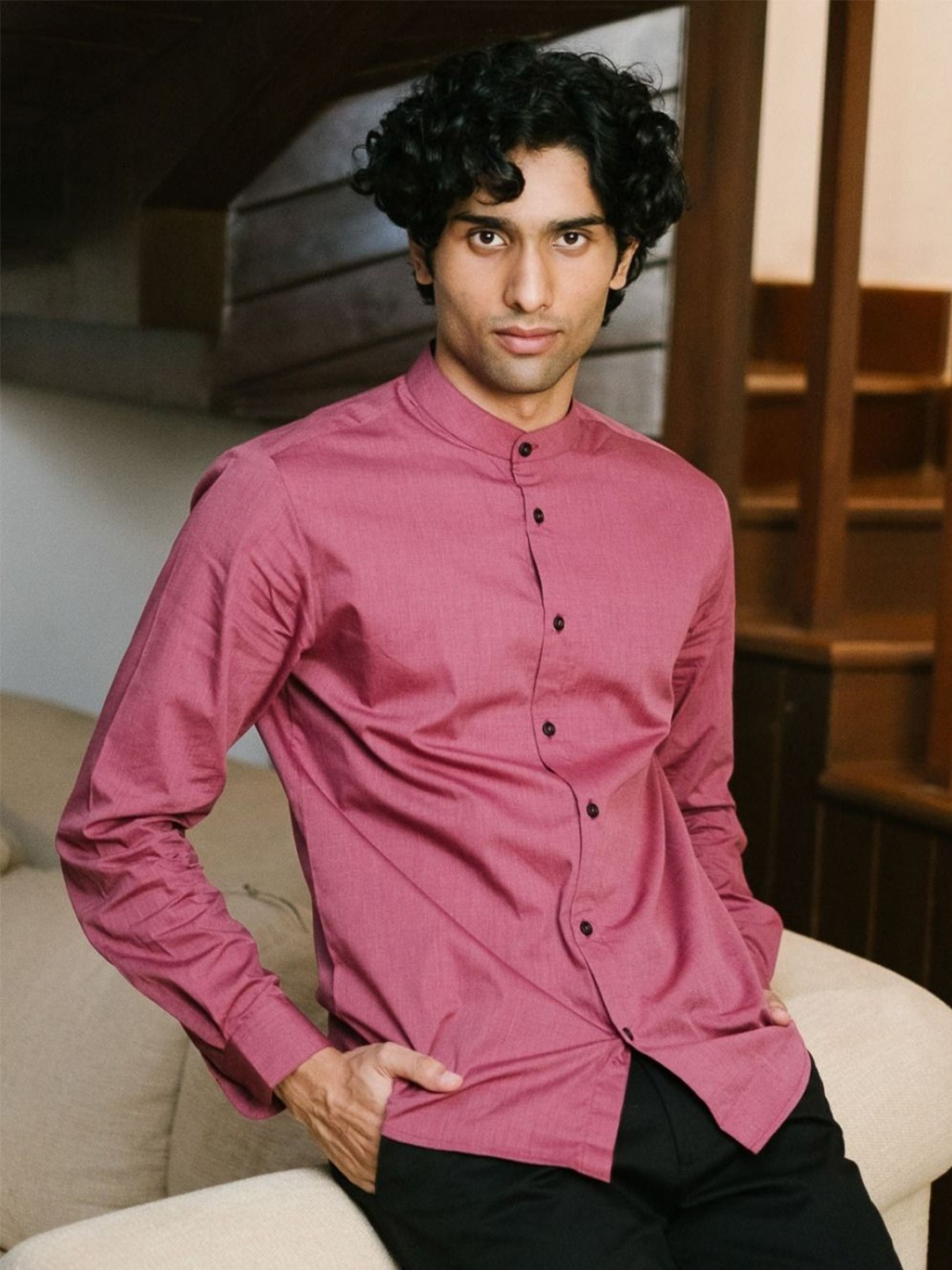 

Creatures of Habit Men Classic Band Collar Solid Organic Cotton Casual Shirt, Pink