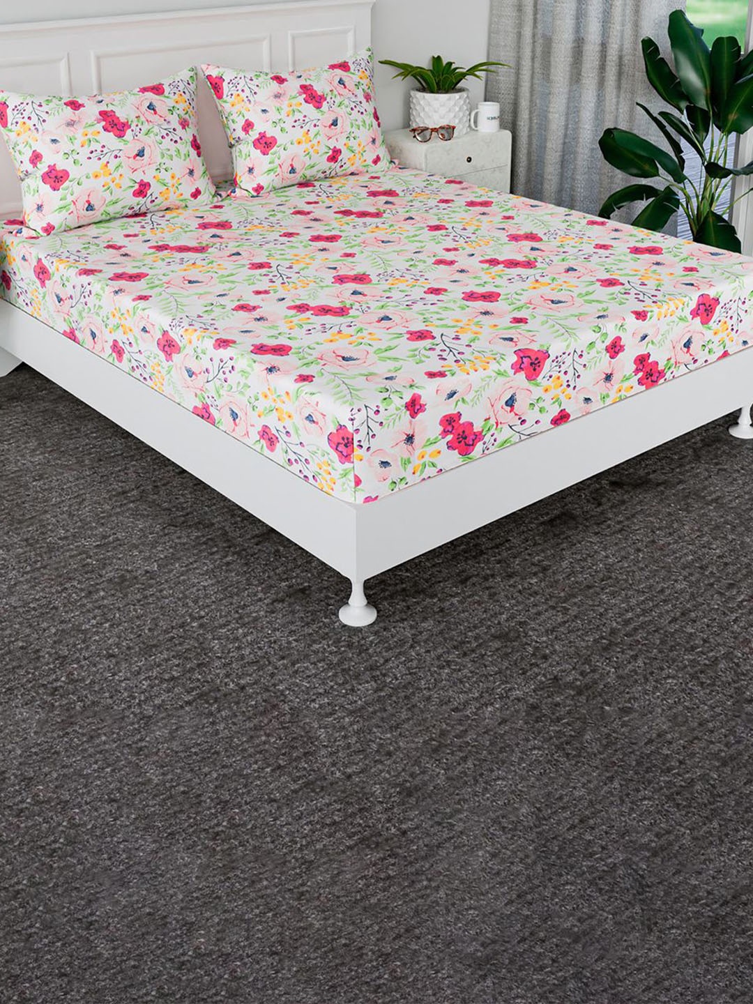 

Kuber Industries Pink & White 144 TC Cotton King Bedsheet with 2 Pillow Covers 2 x 2mt