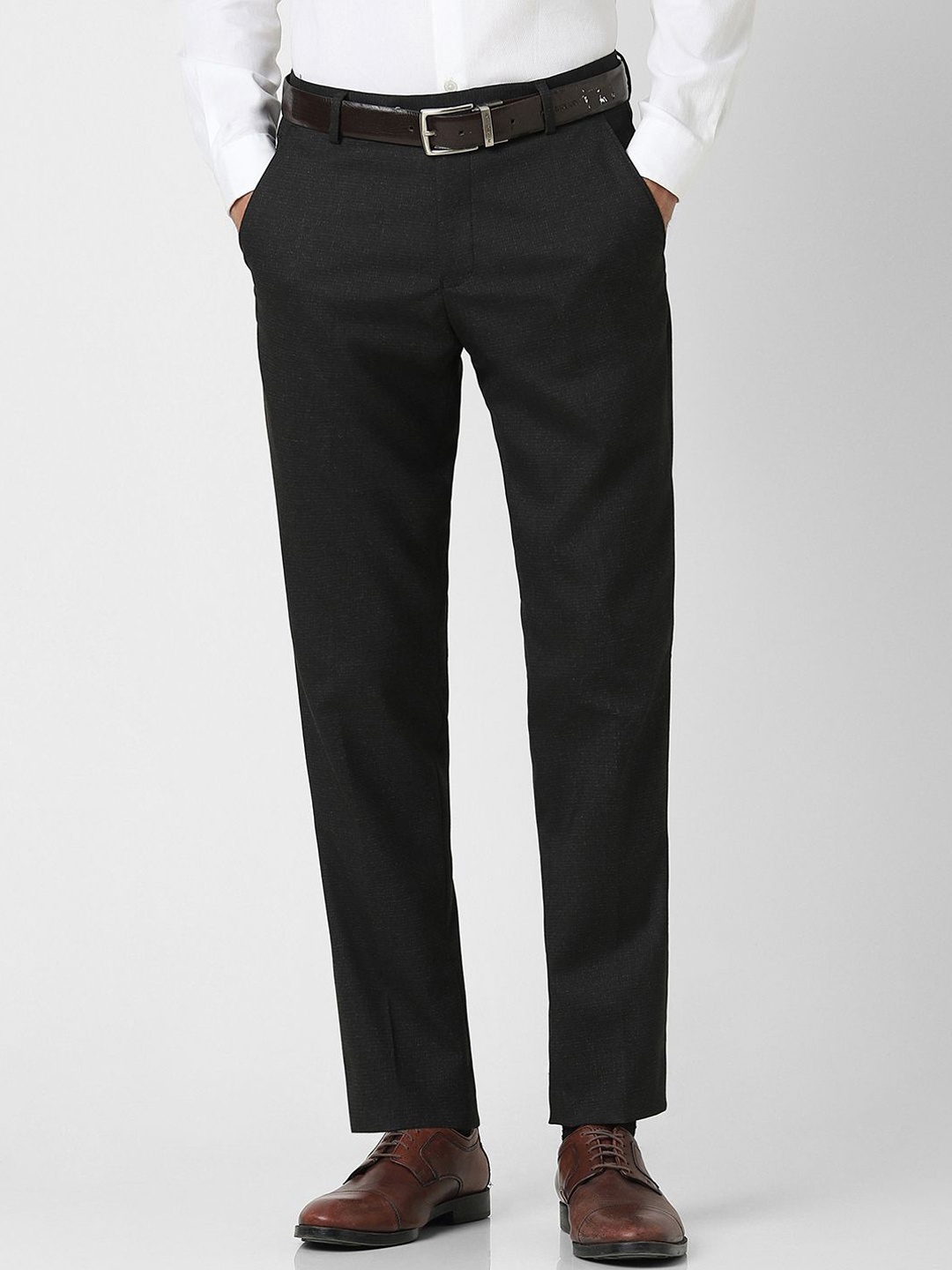 

Peter England Men Checked Slim Fit Formal Trousers, Black