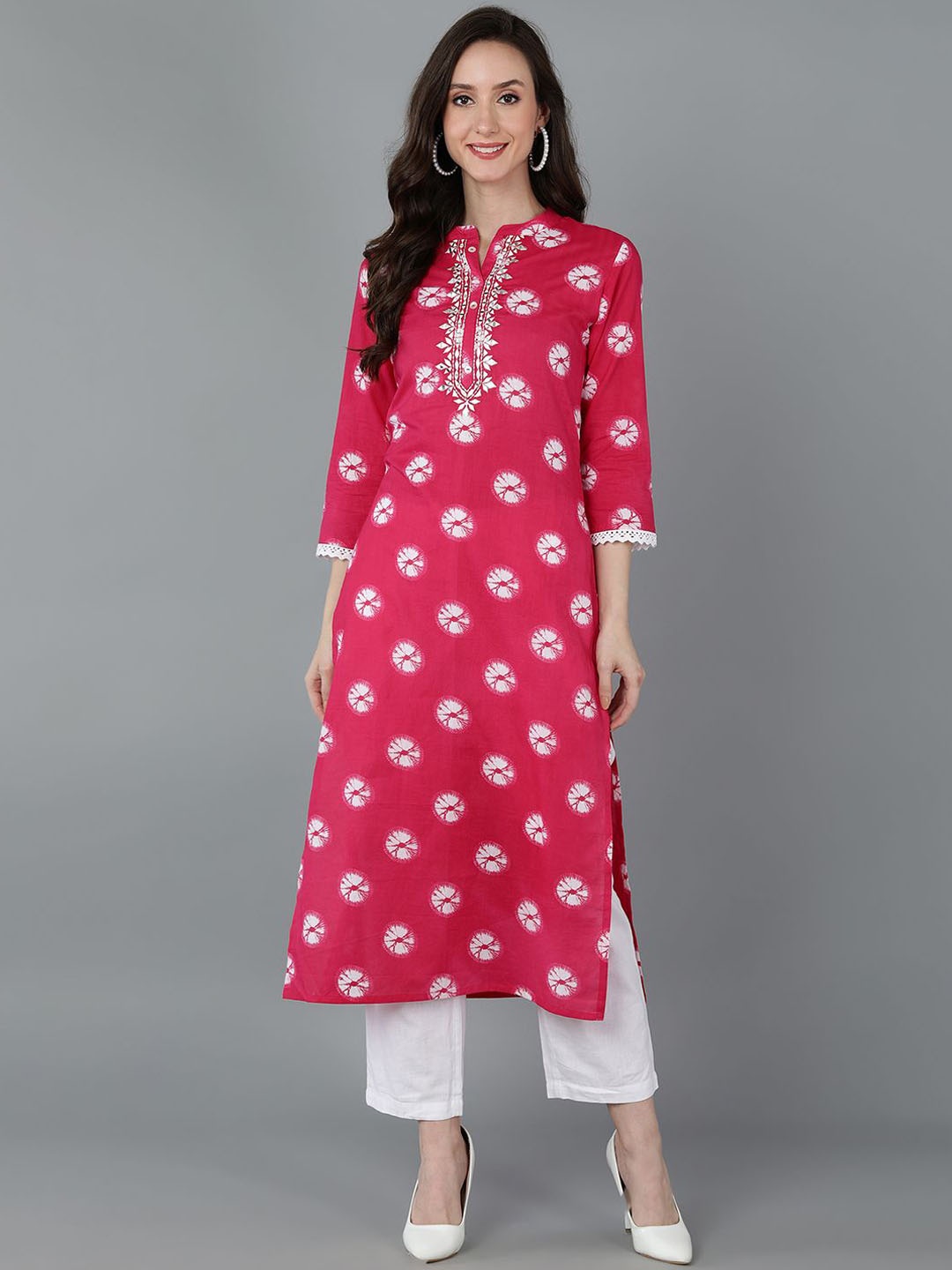 

KALINI Mandarin Collar Tie & Dye Mirror Work Cotton Straight Kurta, Pink