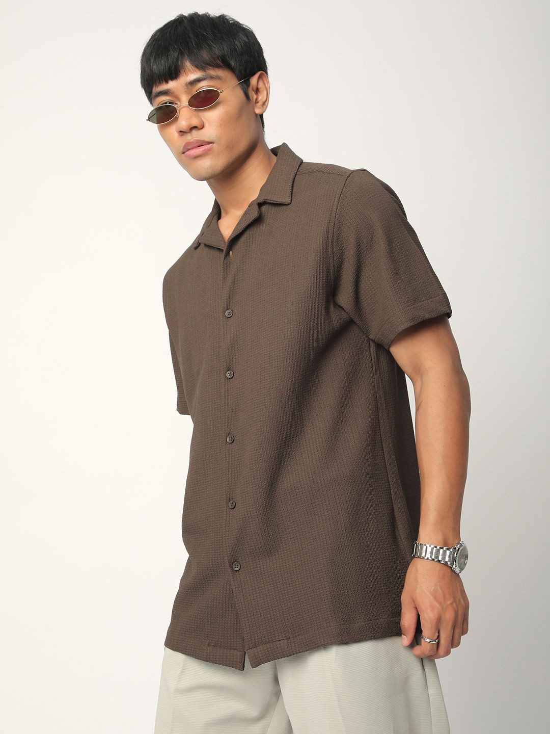 

R&B Men Standard Cuban Collar Textured Slim Fit Casual Shirt, Brown