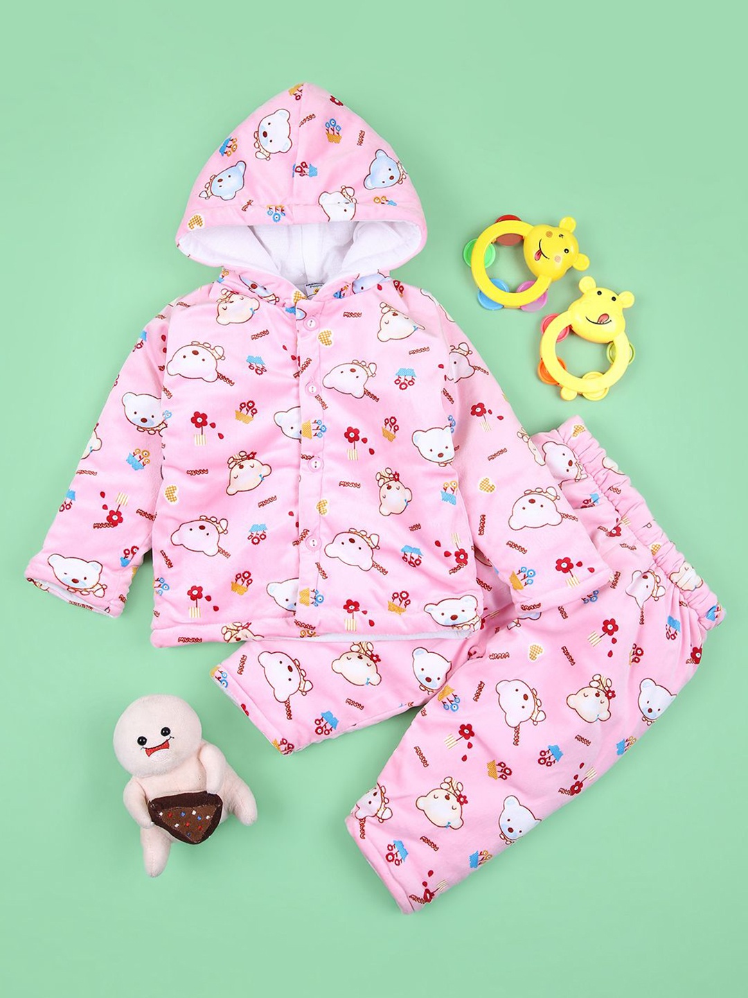 

V-Mart Kids Cartoon Characters Printed Hooded Velvet Shirt With Trousers, Pink
