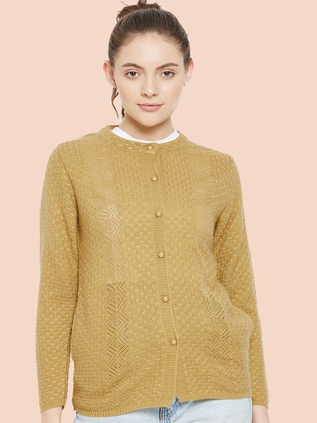 

CLAPTON Women Self Design Solid Woollen Cardigan, Gold