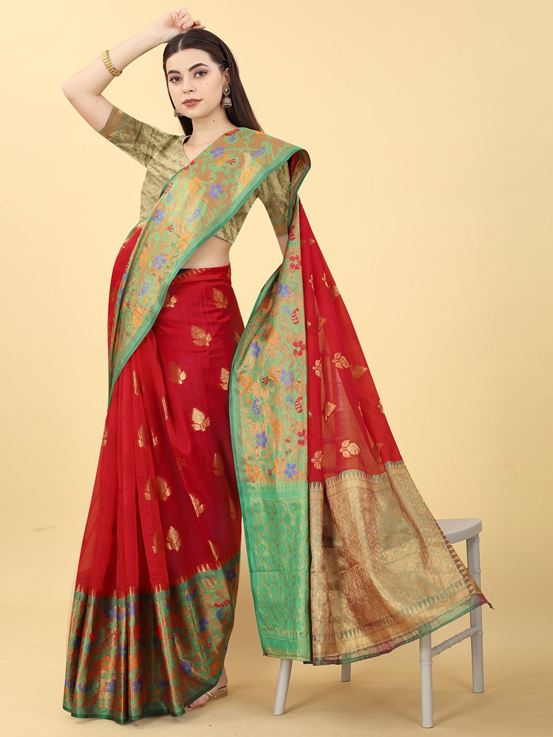 

JUST FASHION Woven Design Zari Art Silk Banarasi Saree, Red