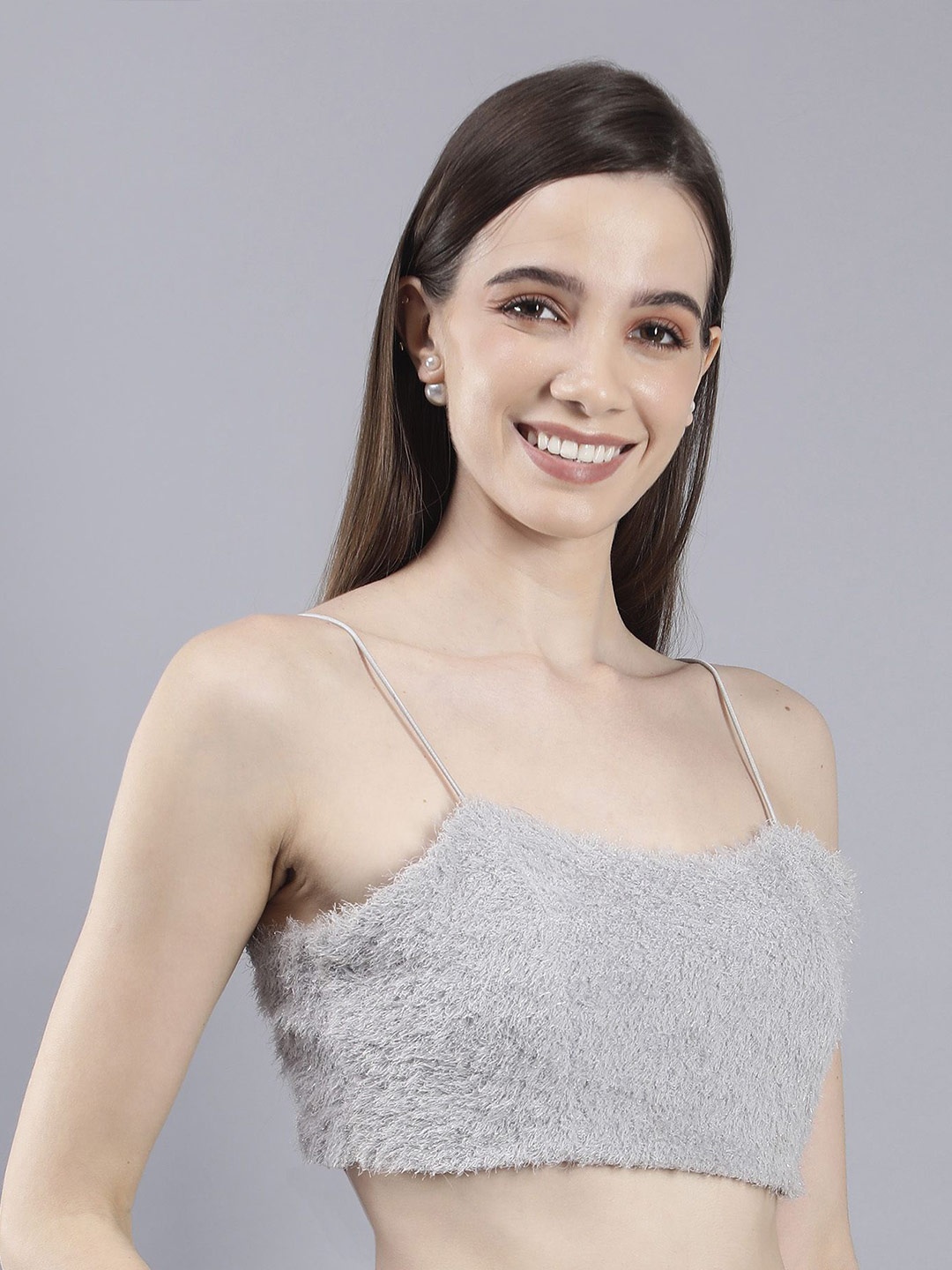 

SAFFE Women Body Fitted Solid Strappy Fur Top, Grey