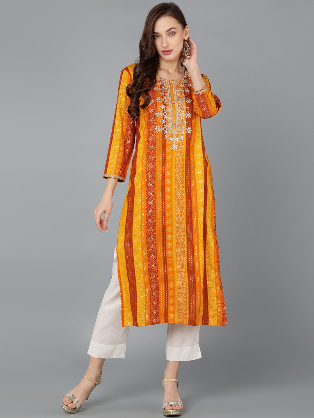 

KALINI Bandhani Printed Zari Work Straight Kurta, Mustard