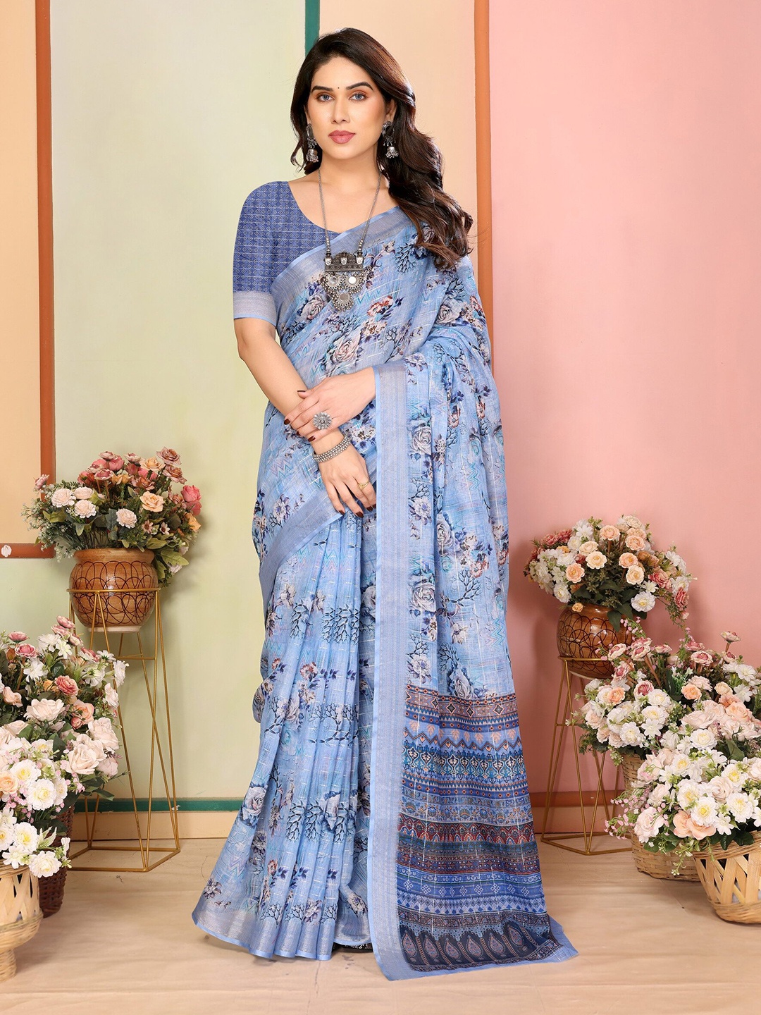 

Sidhidata Floral Printed Traditional Chanderi Saree with Zari Border, Blue