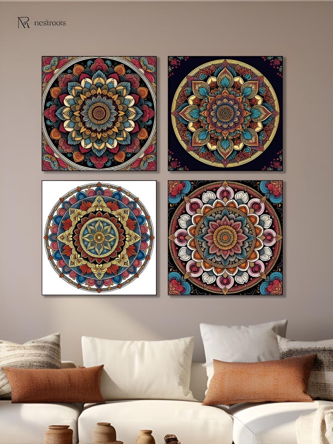 

nestroots Blue & Red 4 Pieces Vibrant Floral Circle Printed Canvas Paintings Wall Arts