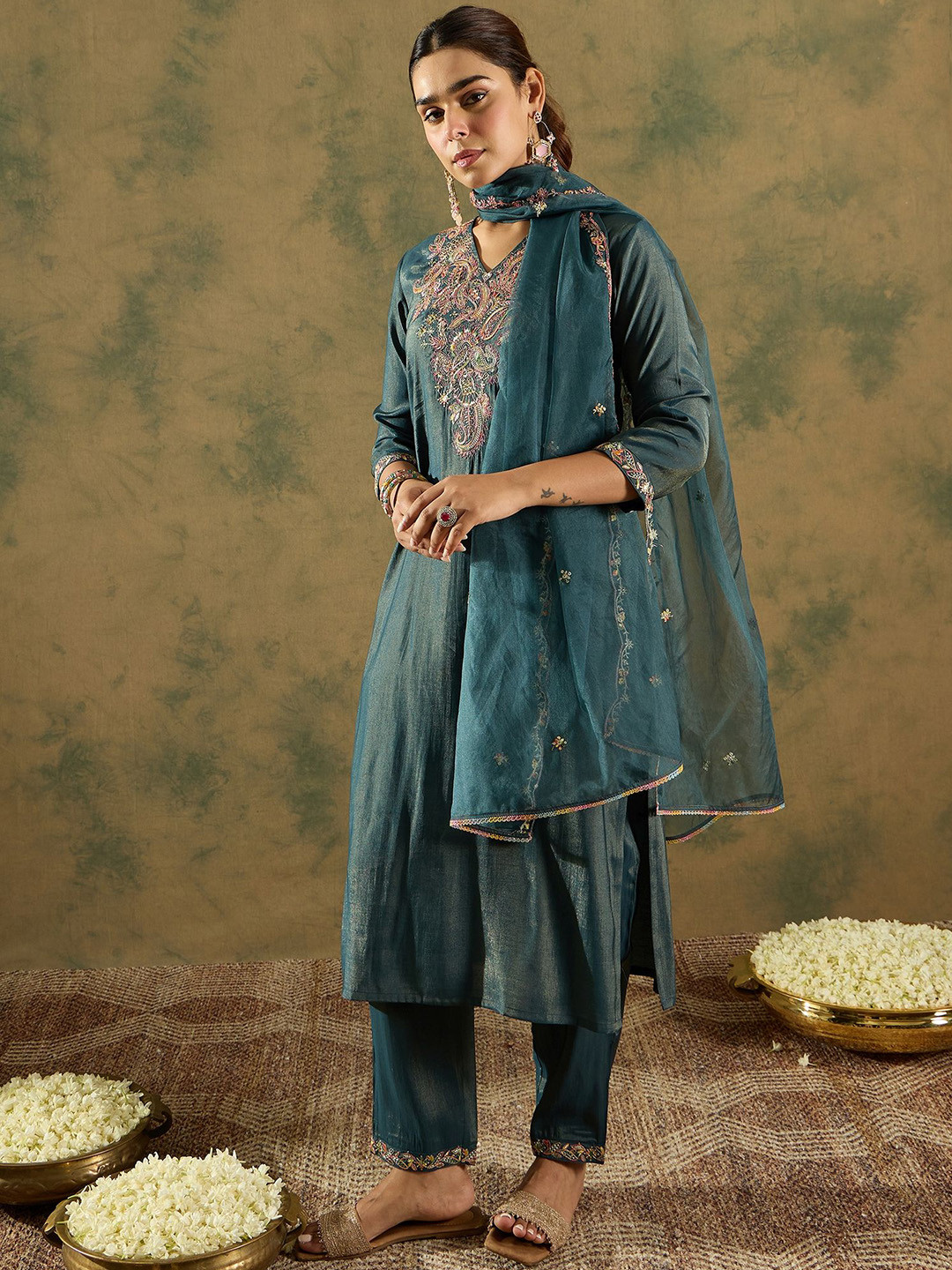 

Indo Era Ethnic Motifs Embroidered Liva Straight Kurta With Trousers & Dupatta, Green