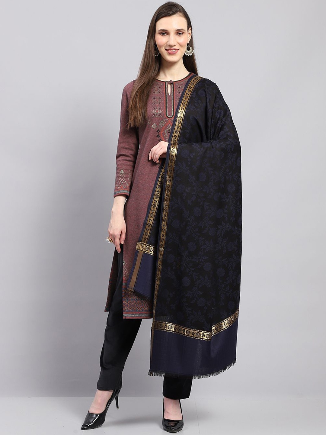 

Monte Carlo Floral Woven Design Shawl, Navy blue