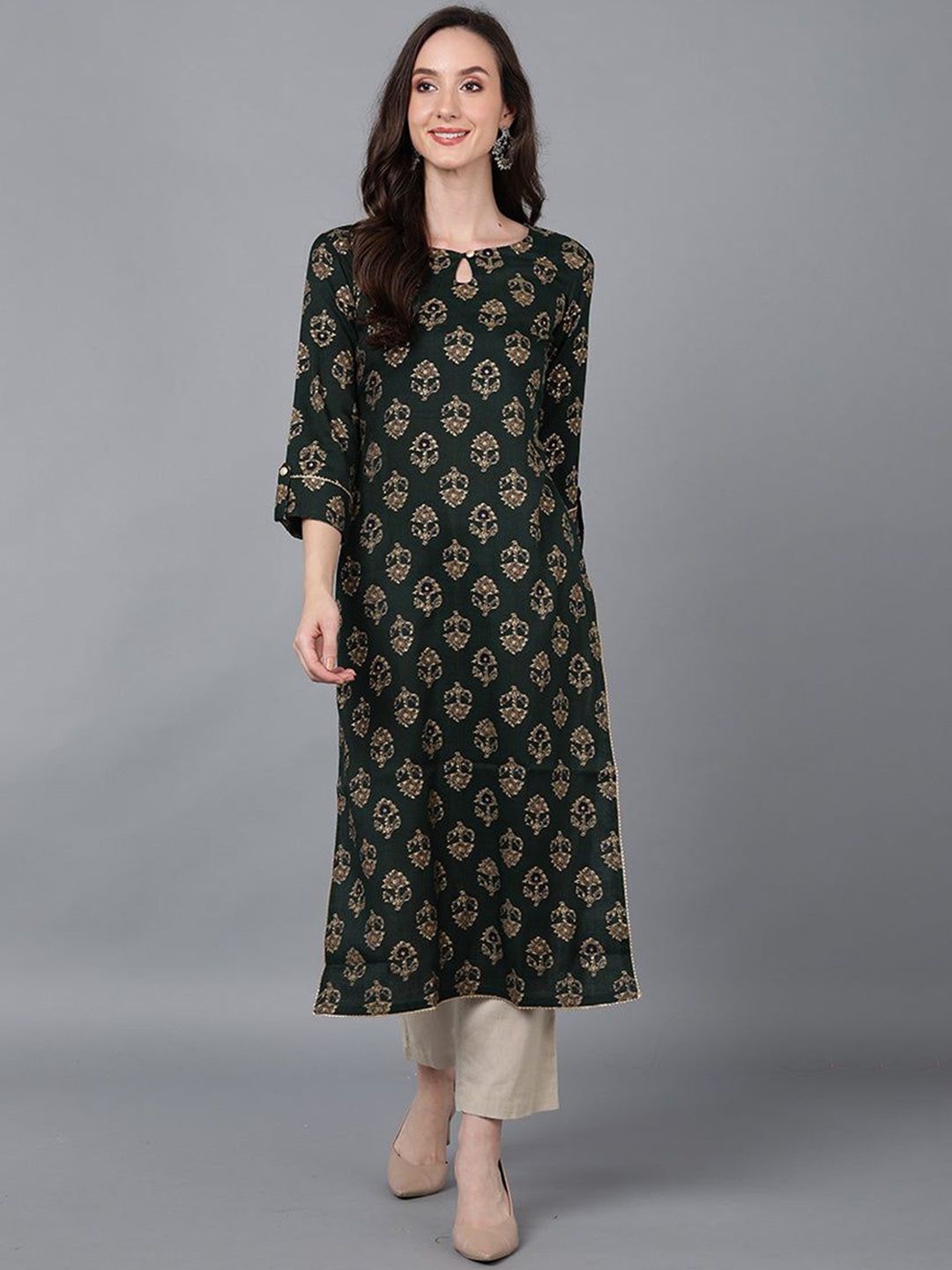 

KALINI Ethnic Motifs Printed Keyhole Neck Gotta Patti Straight Kurta, Green