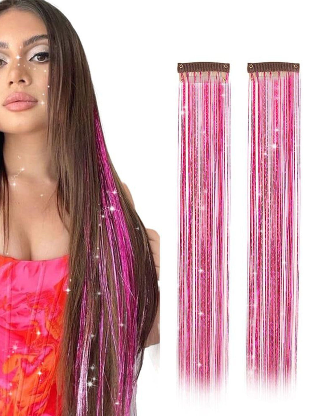 

D-Divine Set Of 2 Clip-In Straight Coloured Tinsel Hair Extensions - Rose & Red 20 Inches, Pink