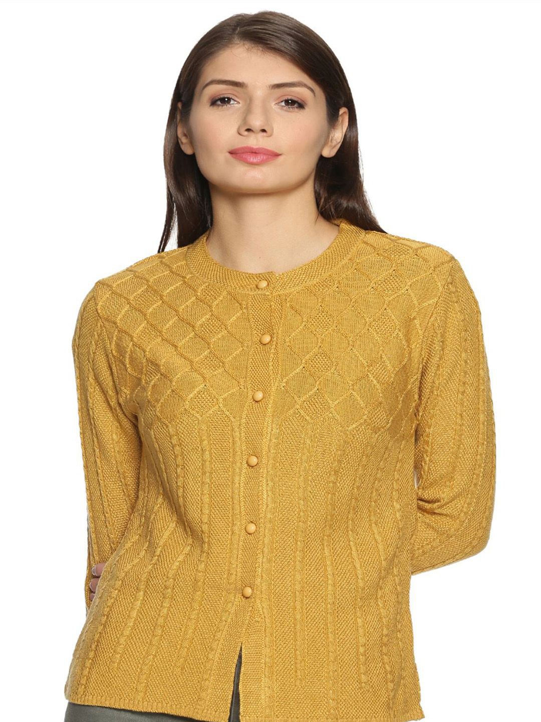 

CLAPTON Women Self Design Woollen Cardigan with Fuzzy Detail, Gold