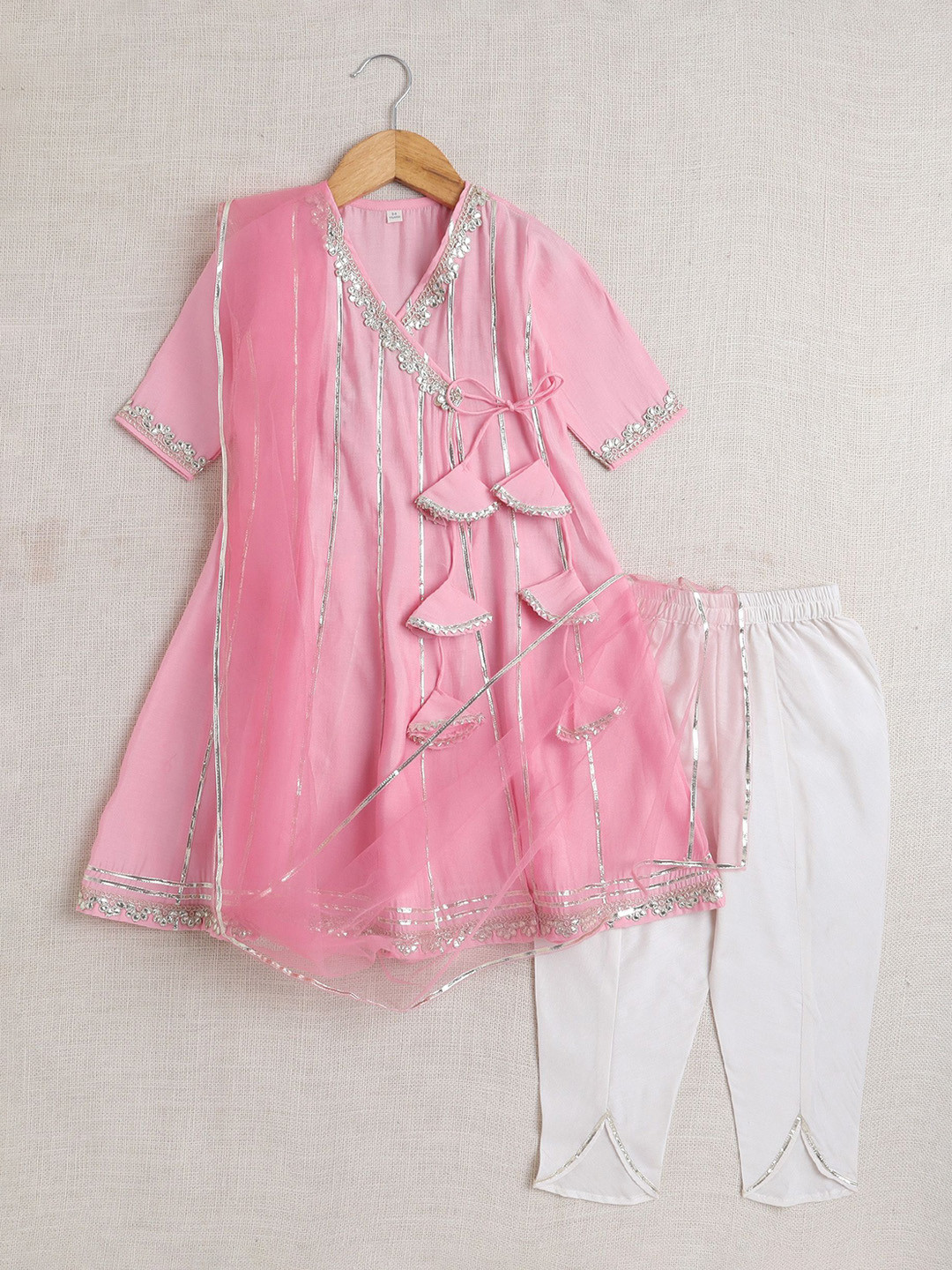 

The Magic Wand Girls Embroidered Angrakha Gotta Patti Kurta With Trousers & Dupatta, Pink