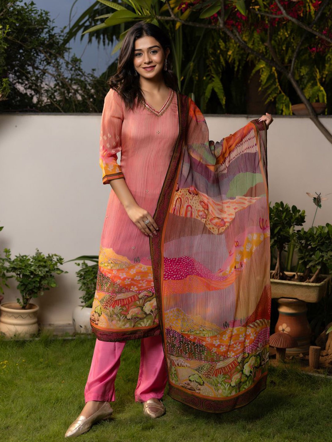 

Ambraee Floral Printed Mirror Work Straight Kurta with Trousers & Dupatta, Pink