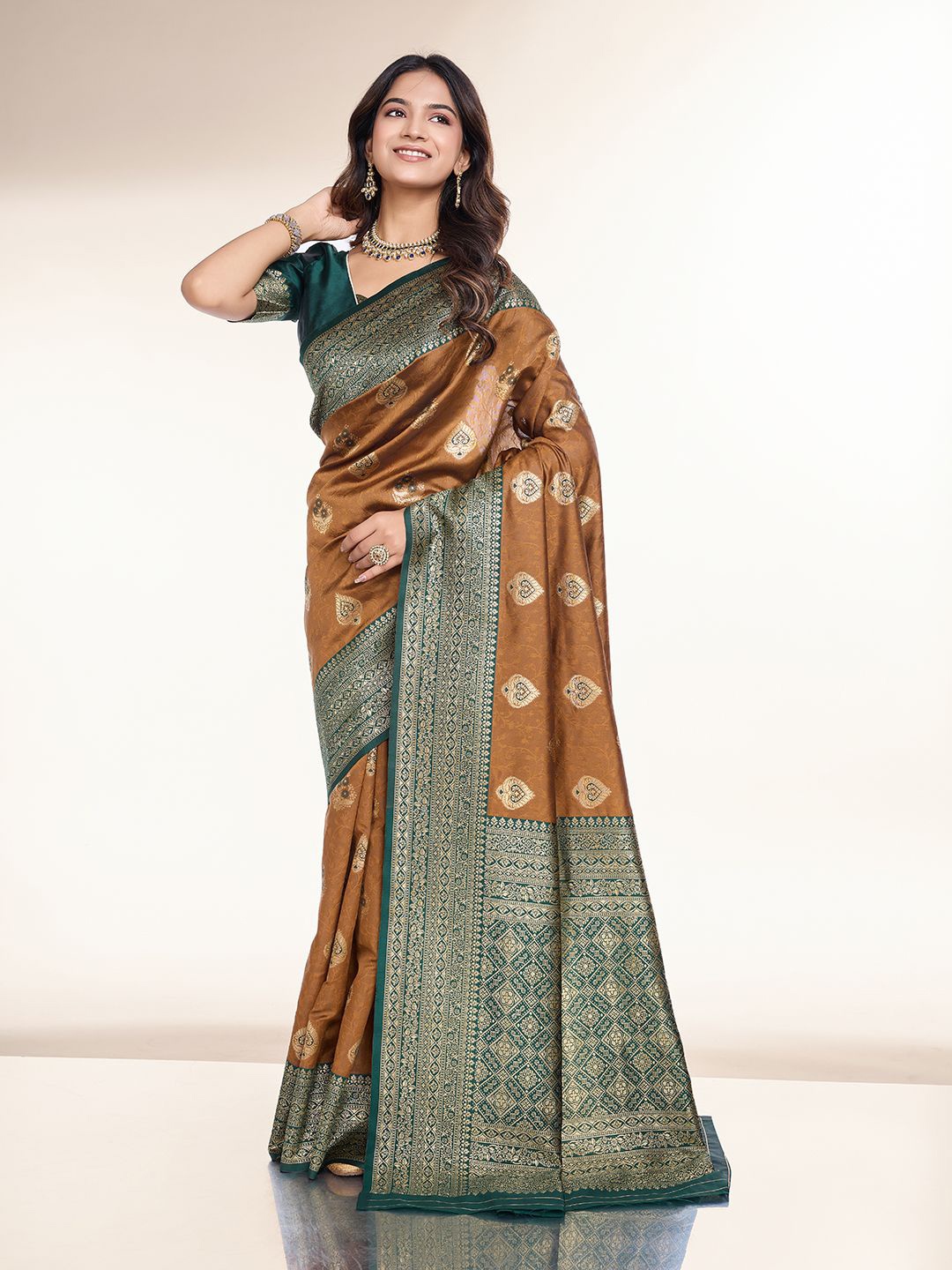 

RICH & ROMAN Woven Design Zari Pure Silk Banarasi Saree, Mustard